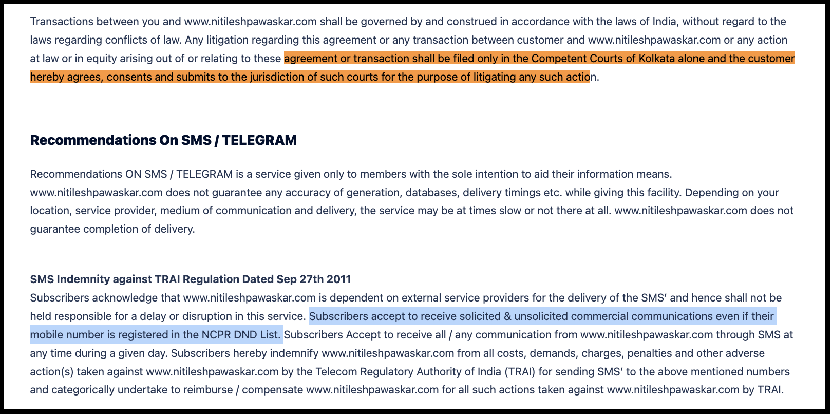 Nitilesh Pawaskar website terms showing Kolkata jurisdiction clause and DND SMS indemnity clause