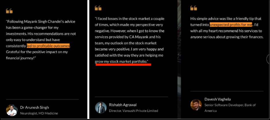 Client Testimonials Displaying Profit Claims on Chandel Street Capital Website