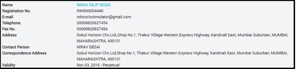 Nirav Dilip Desai SEBI Registration Details