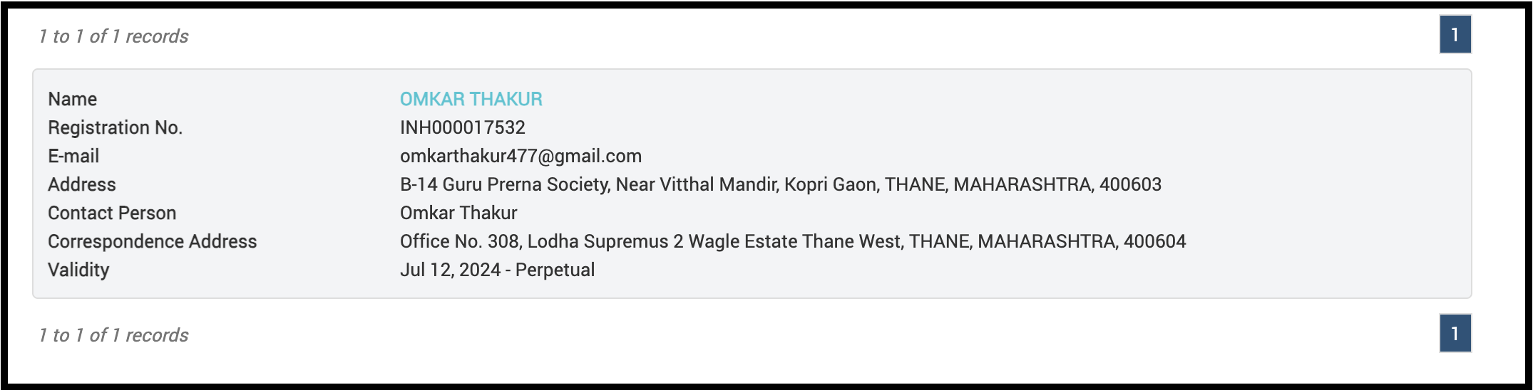 Omkar Thakur's SEBI Research Analyst registration