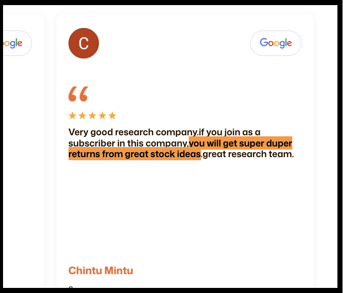 A client testimonial on Omkara Capital's website, using return claims