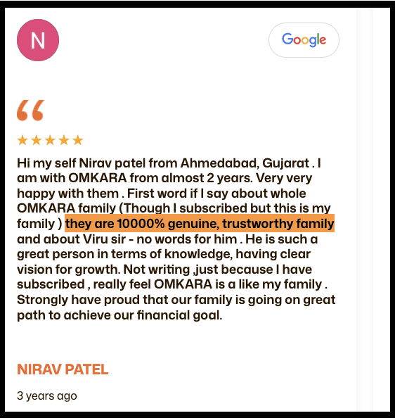 A client review for Omkara Capital highlighted for using extreme claim language