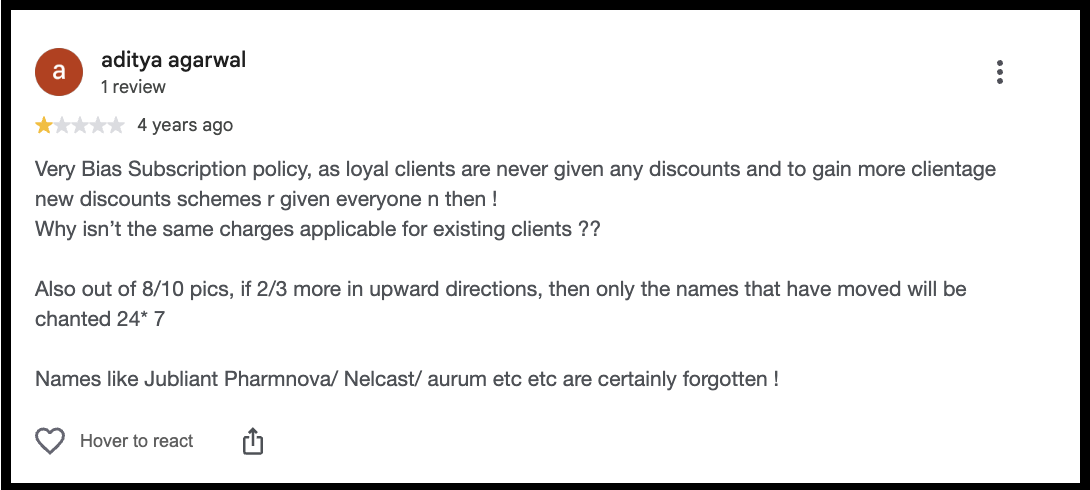 Review on biased subscription pricing against existing clients & selective promotion of performing stocks