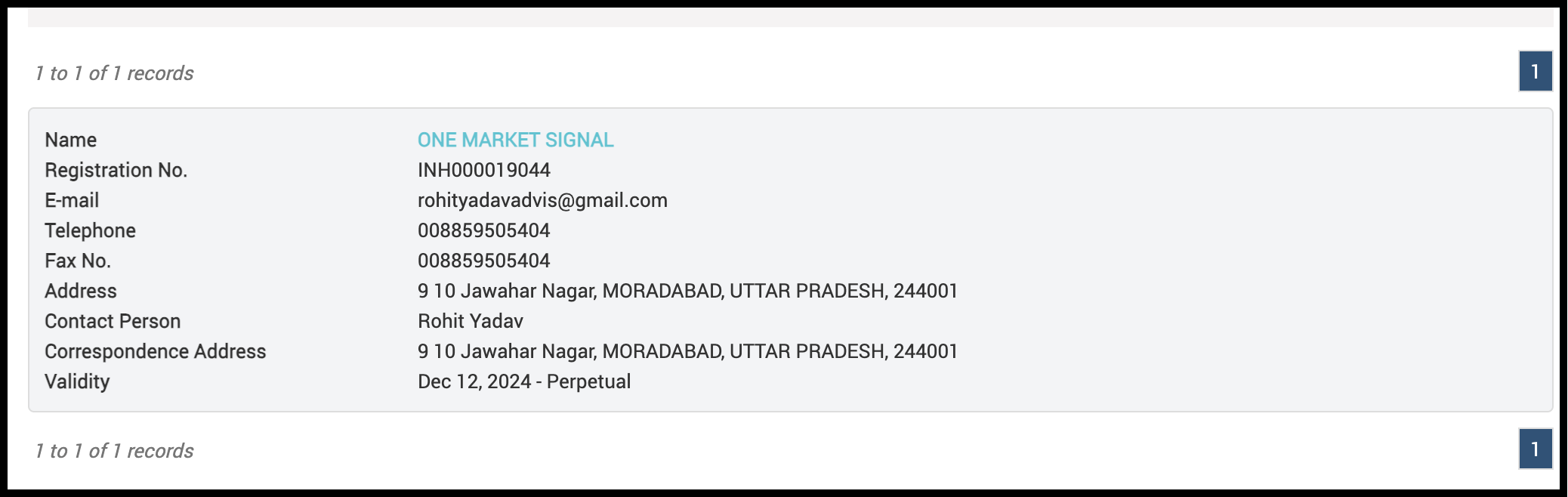 SEBI Research Analyst registration details for One Market Signal