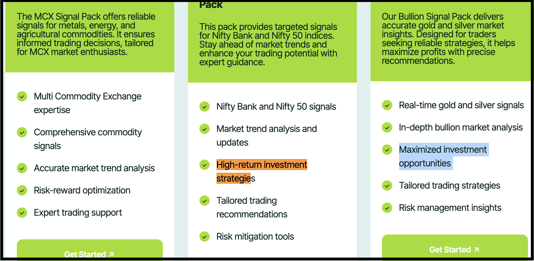 Website displaying features highlighting return and profitability claims