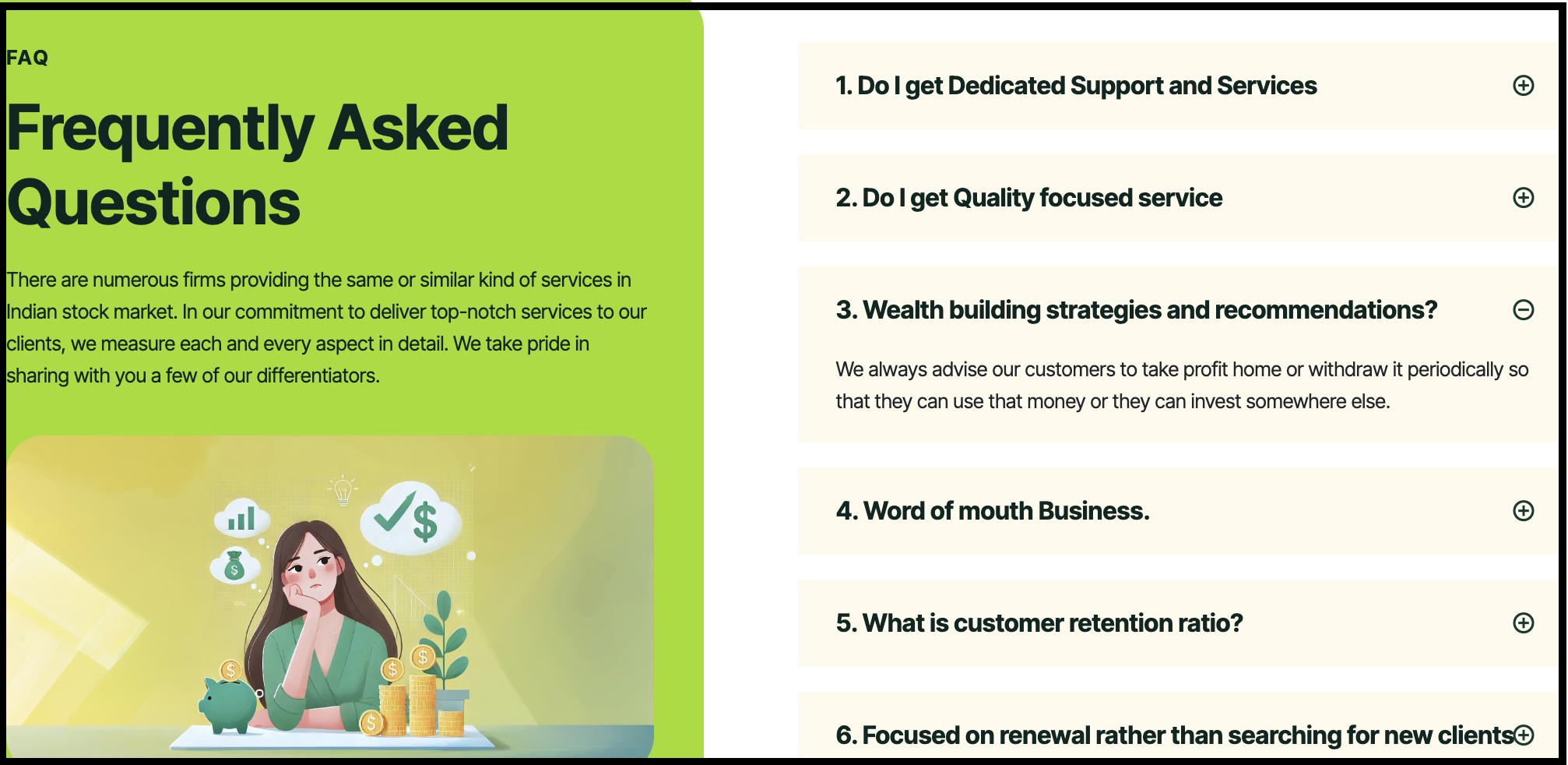 FAQ section detailing service quality assurances & wealth-building recommendations