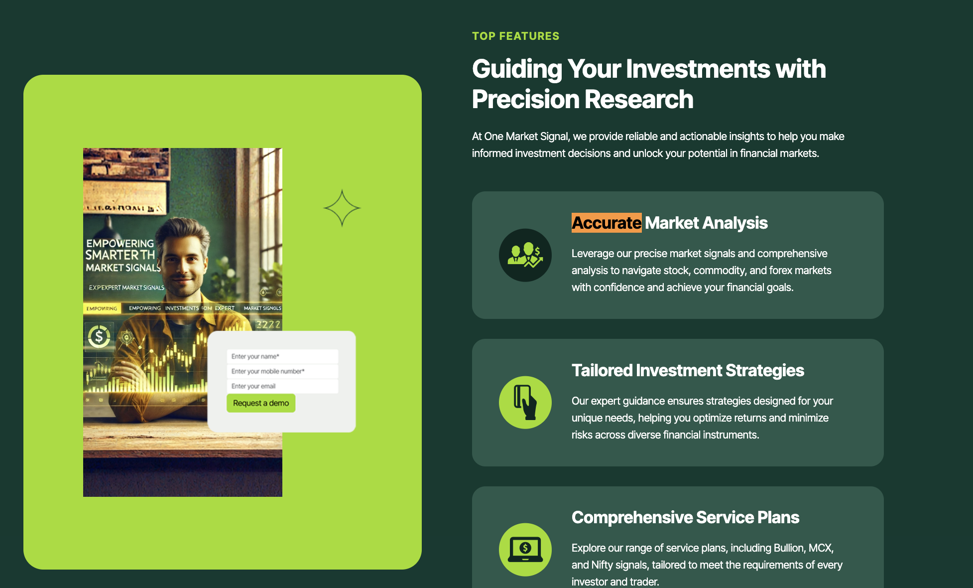 One Market Signal website section highlighting claims of Accurate Market Analysis