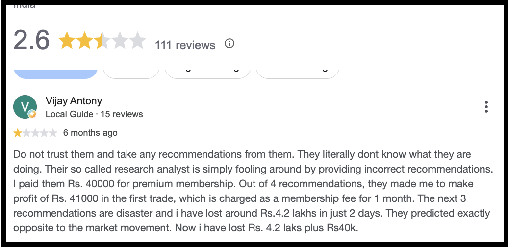 Vijay Antony detailing a ₹4.2 lakh trading loss with OnePaper Research Analysts