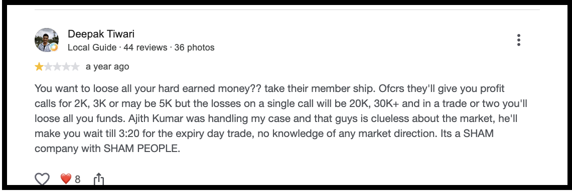 Google review by Deepak Tiwari describing severe trading losses & naming staff member