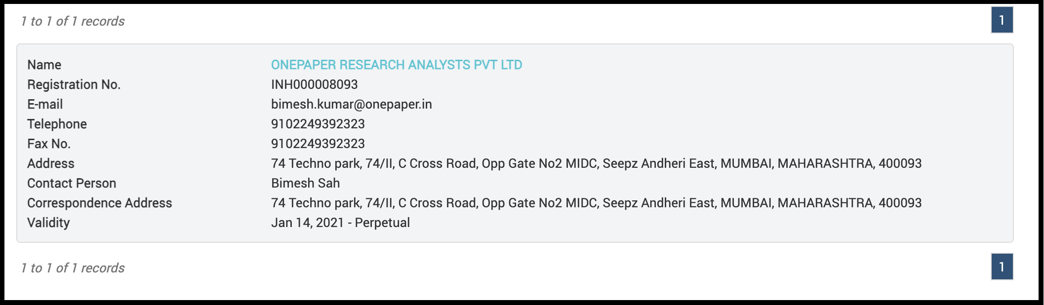 SEBI registration details for OnePaper Research Analysts