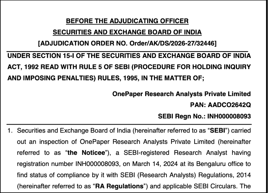 SEBI Adjudication Order – OnePaper Research Analysts