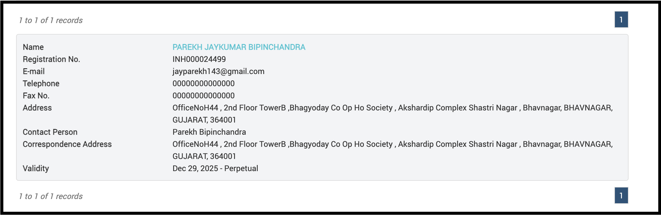 Official SEBI registration record for Parekh Jaykumar Bipinchandra
