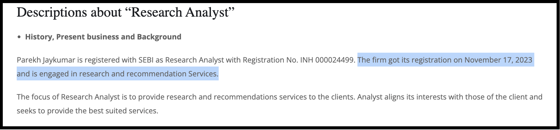 Firm's Disclosure Document claiming a SEBI registration date of November 17, 2023