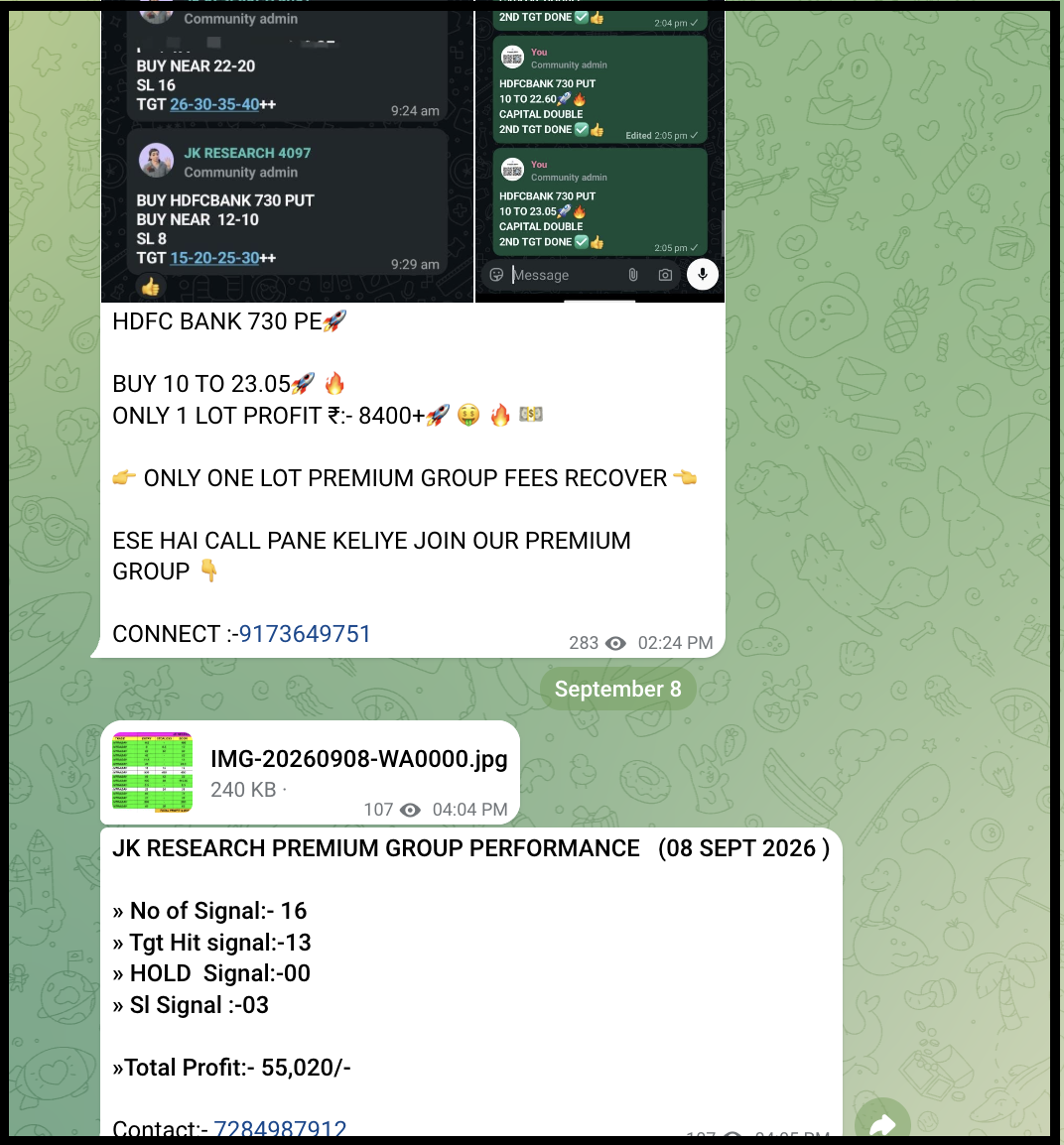 Telegram channel promoting trade signals, profits & fee recovery claims