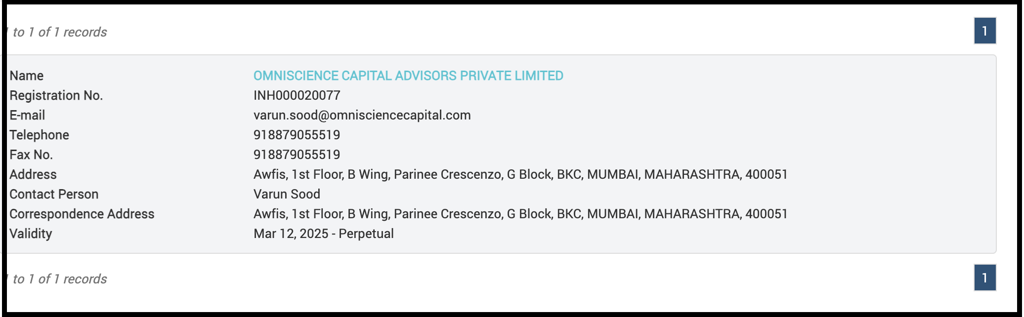 SEBI registration record for Omniscience Capital Advisors Private Limited