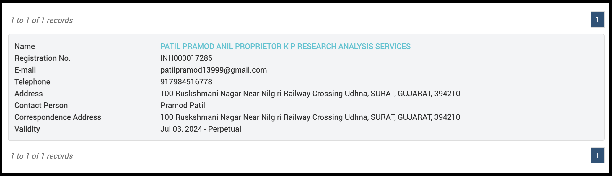 SEBI registration details screenshot for K P Research Analysis Services