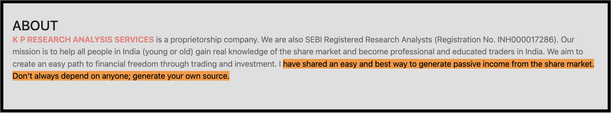 "About Us" website excerpt highlighting mission statements, proprietary status, and promotional messaging regarding passive income from the stock market.