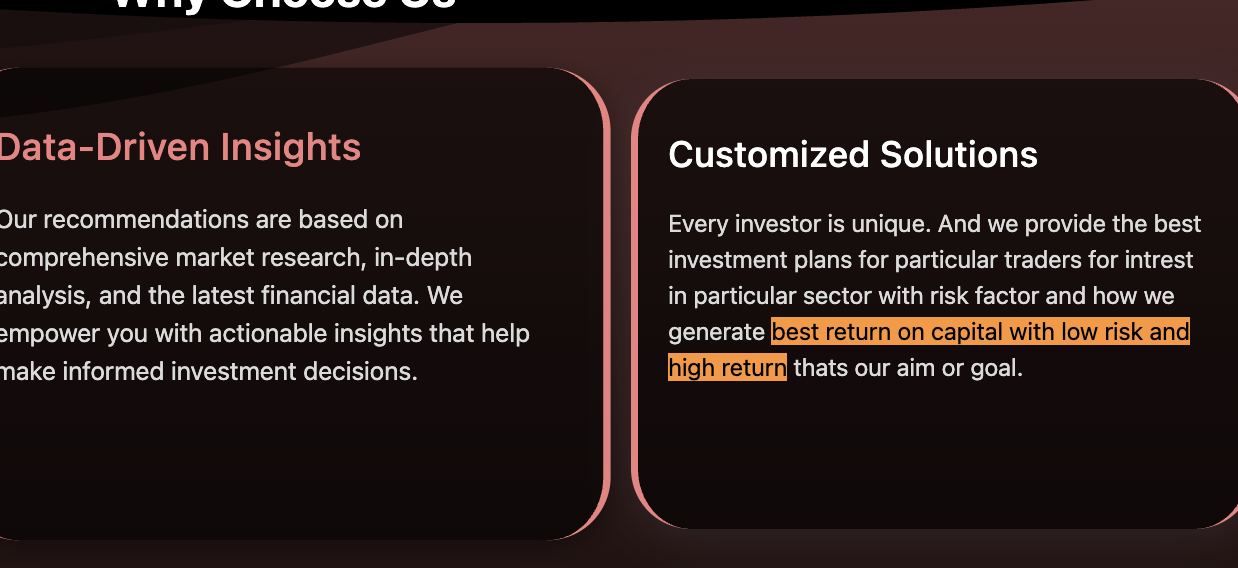 K P Research Analysis Services website feature section screenshot highlighting data-driven insights and customized solutions with marketing claims.