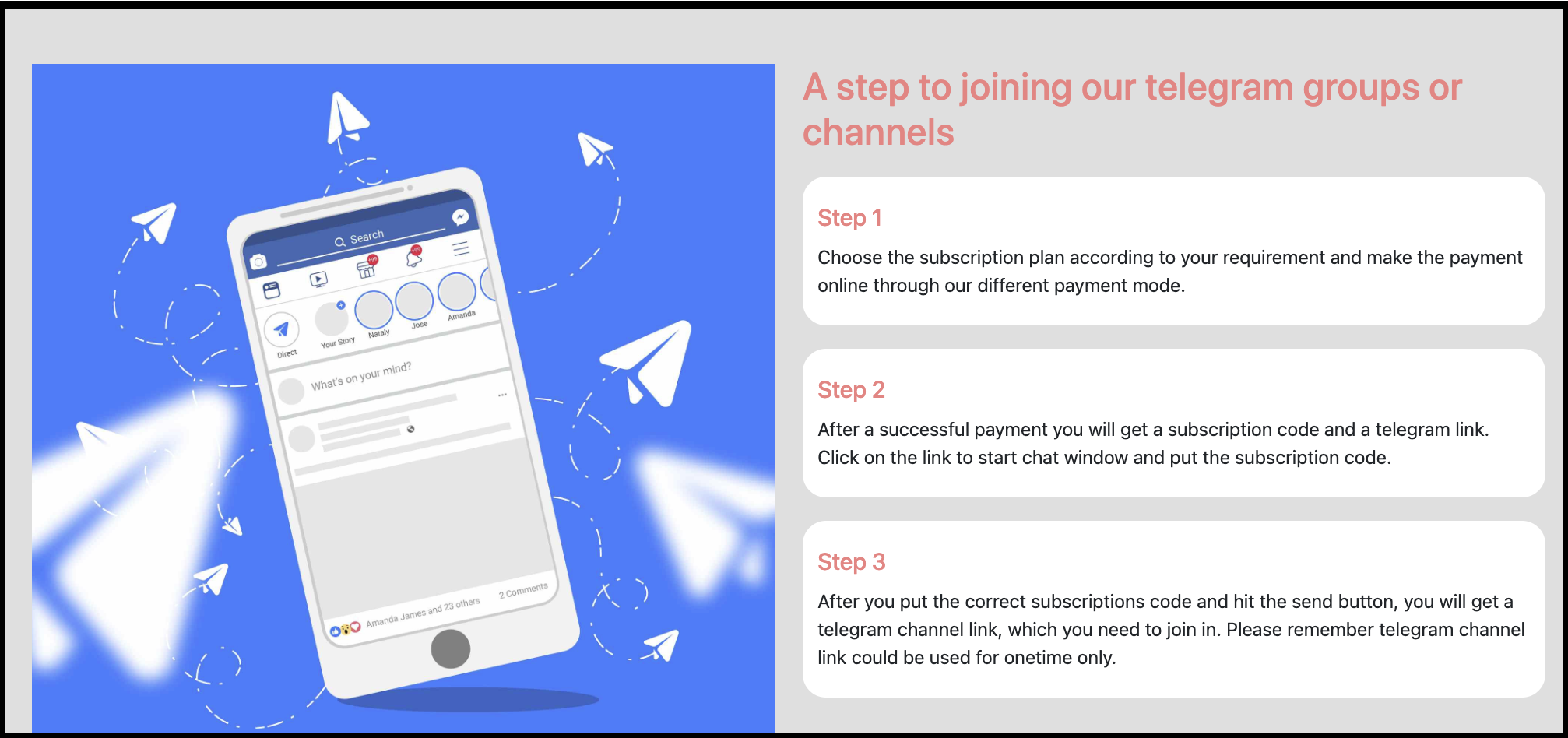 K P Research Analysis Services website instruction screenshot detailing the subscription payment process, subscription code generation, and Telegram group joining steps.