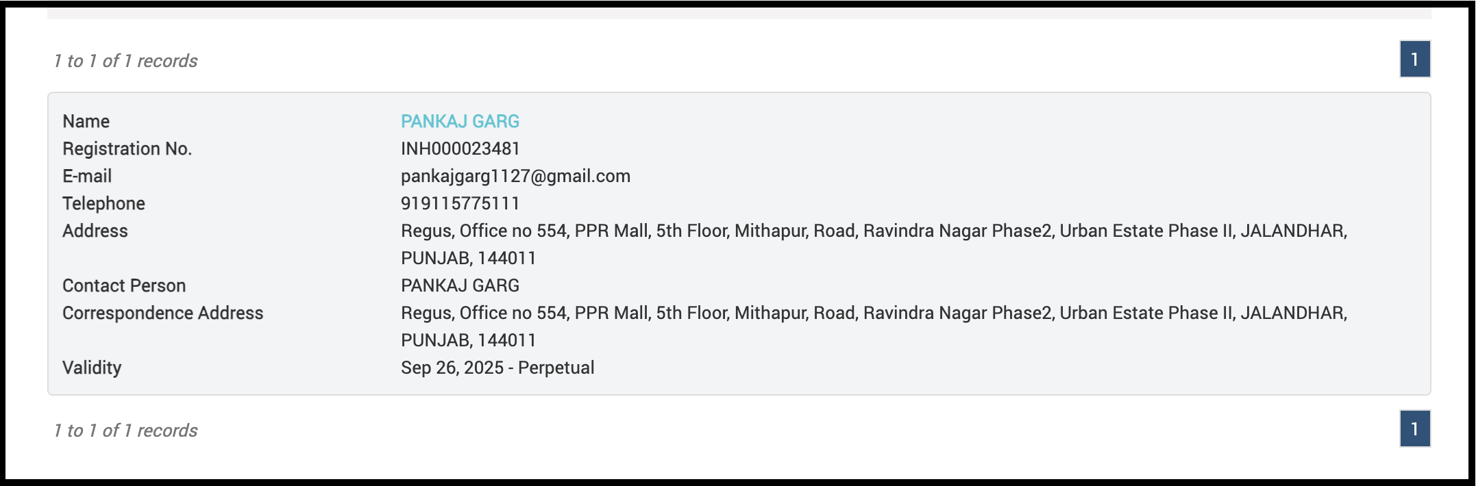SEBI registration details for Pankaj Garg (Vriha Research)