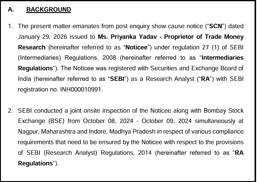 SEBI order page highlighting findings on Trade Money Research and Sandeep Yadav's control of the firm