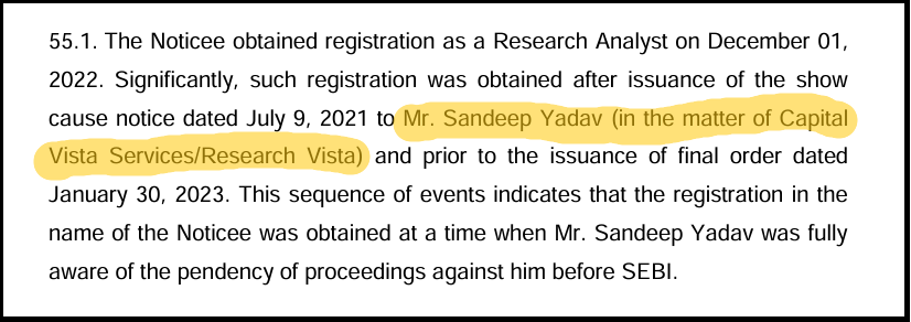 SEBI inspection order page detailing findings against Trade Money Research and Sandeep Yadav's control of the firm