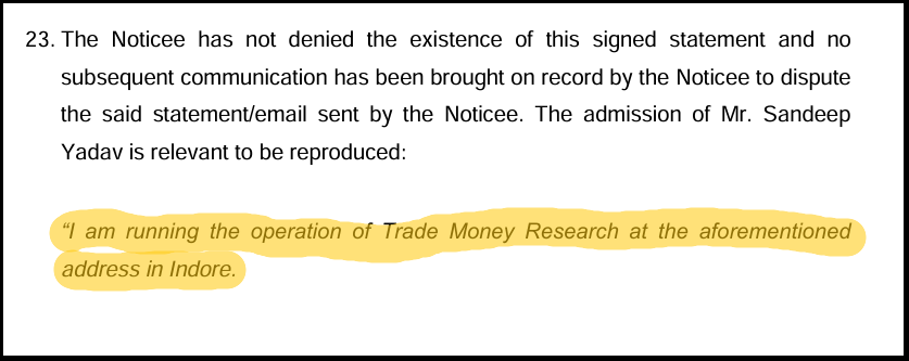 SEBI inspection order page detailing the background and proceedings of Trade Money Research
