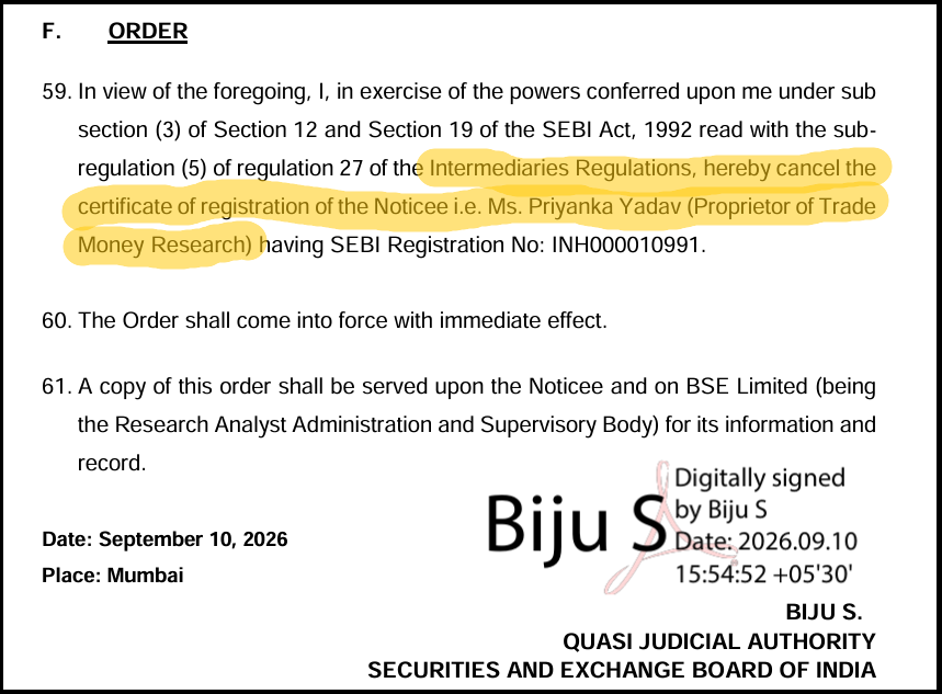 SEBI cancellation order page for Trade Money Research highlighting final operational directives