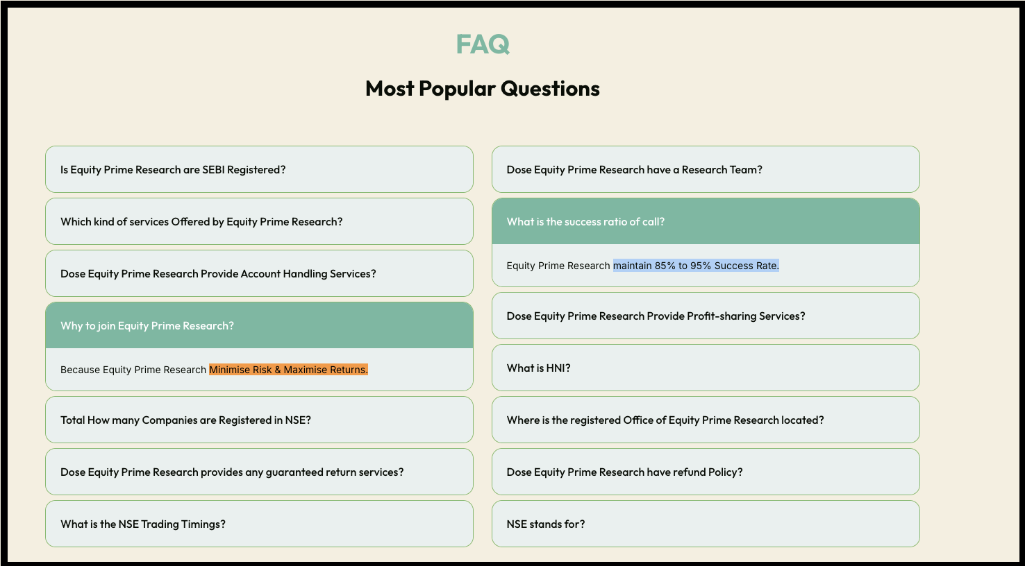 Equity Prime Research website FAQ's success rate claim