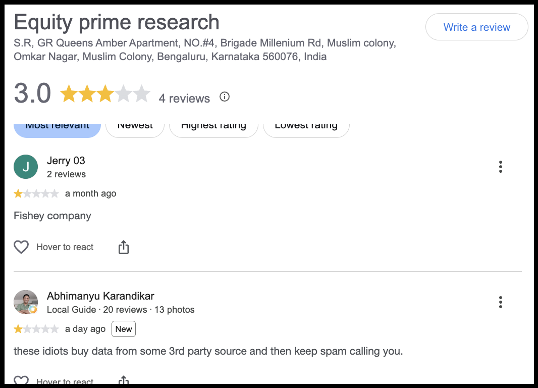 Google reviews for Equity Prime Research showing 3.0-star rating