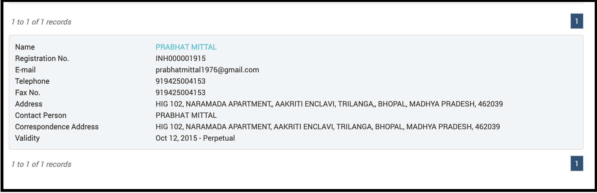SEBI registration details for Prabhat Mittal