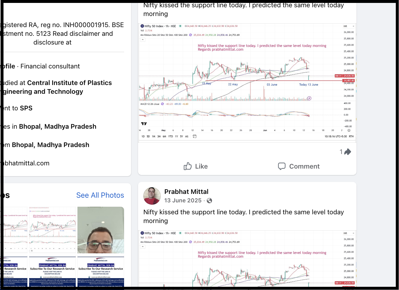 Prabhat Mittal's Facebook page posts highlighting selective technical chart predictions