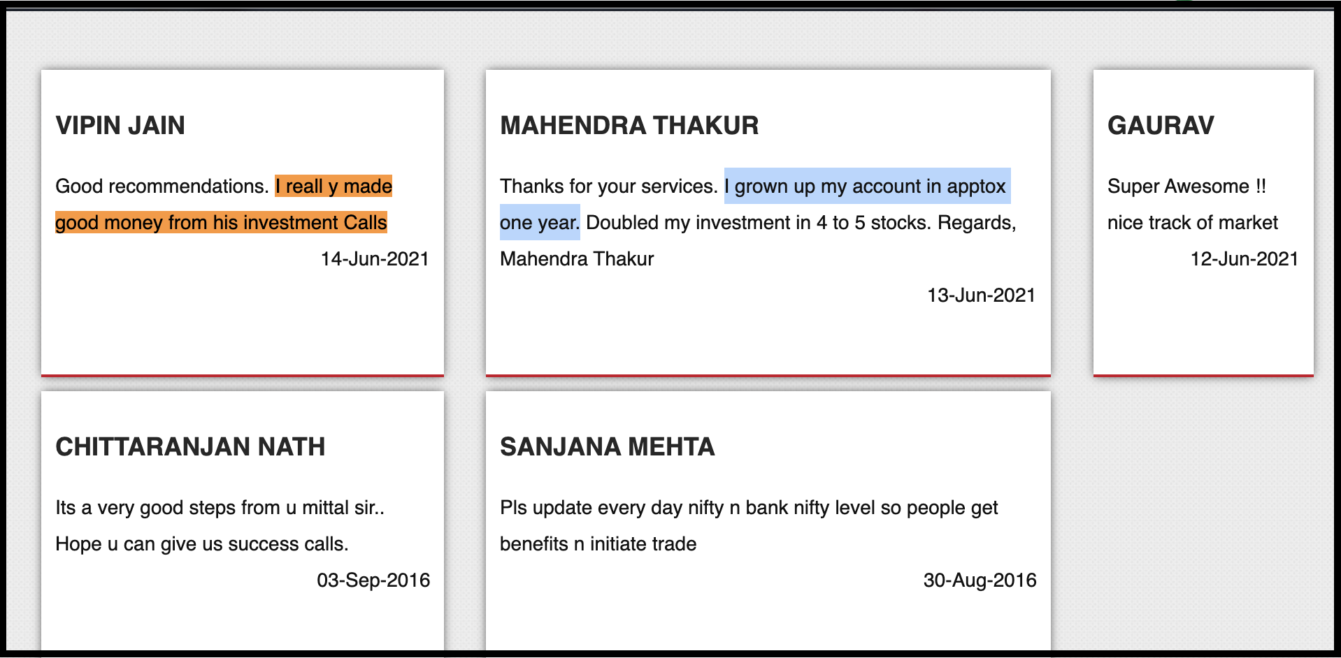 Promotional client testimonials featured on website