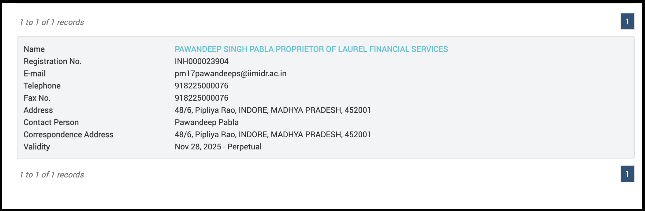 Pawandeep Singh Pabla's SEBI Research Analyst registration details