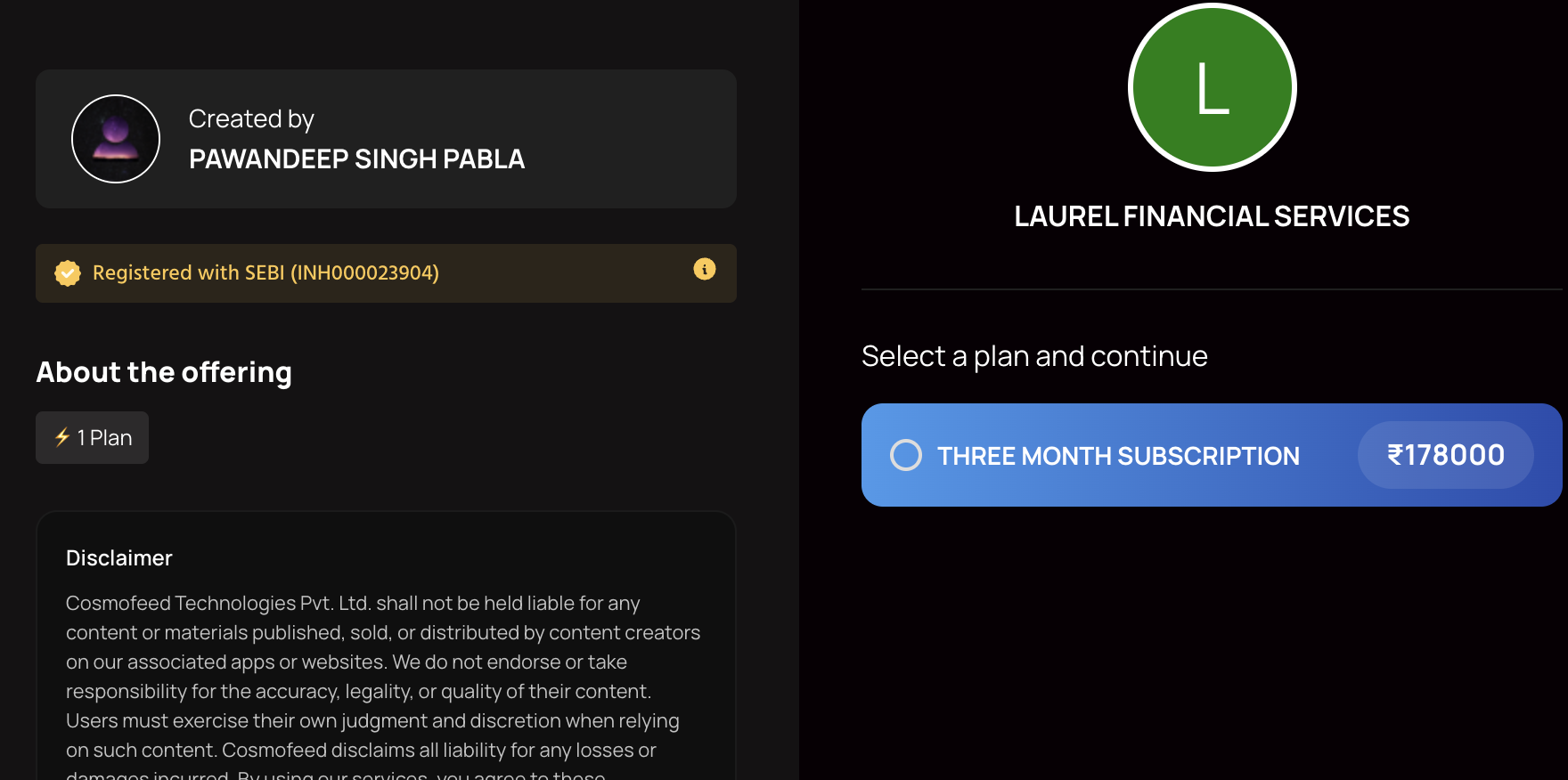 Third-party checkout page showing the 1,78,000 rupees 3-month plan