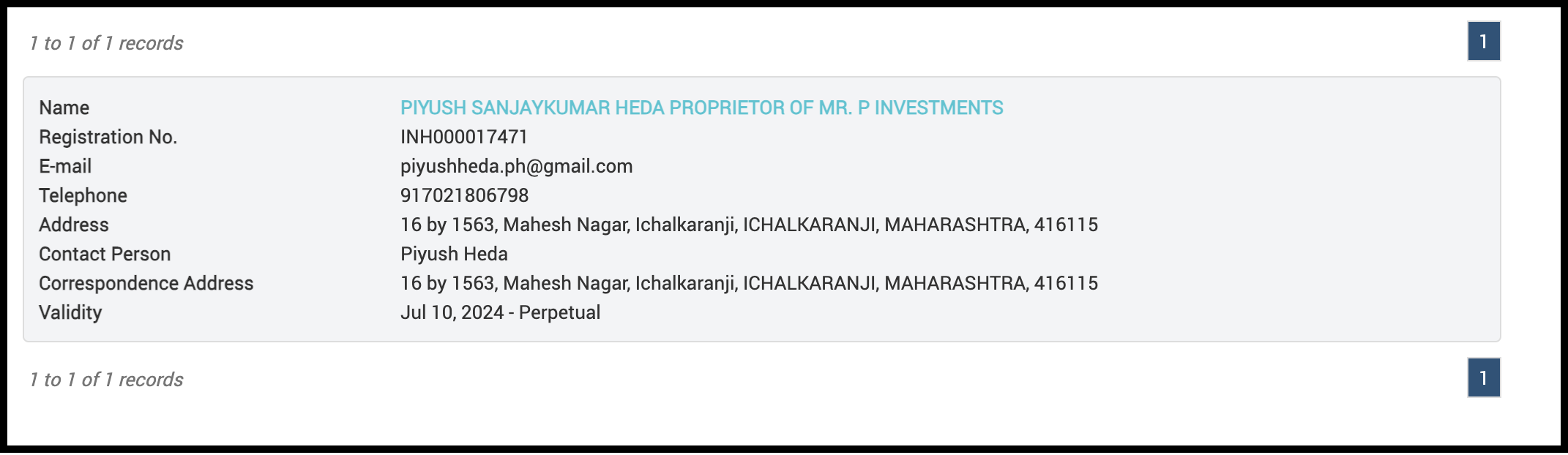 Piyush Sanjaykumar Heda's SEBI Research Analyst registration