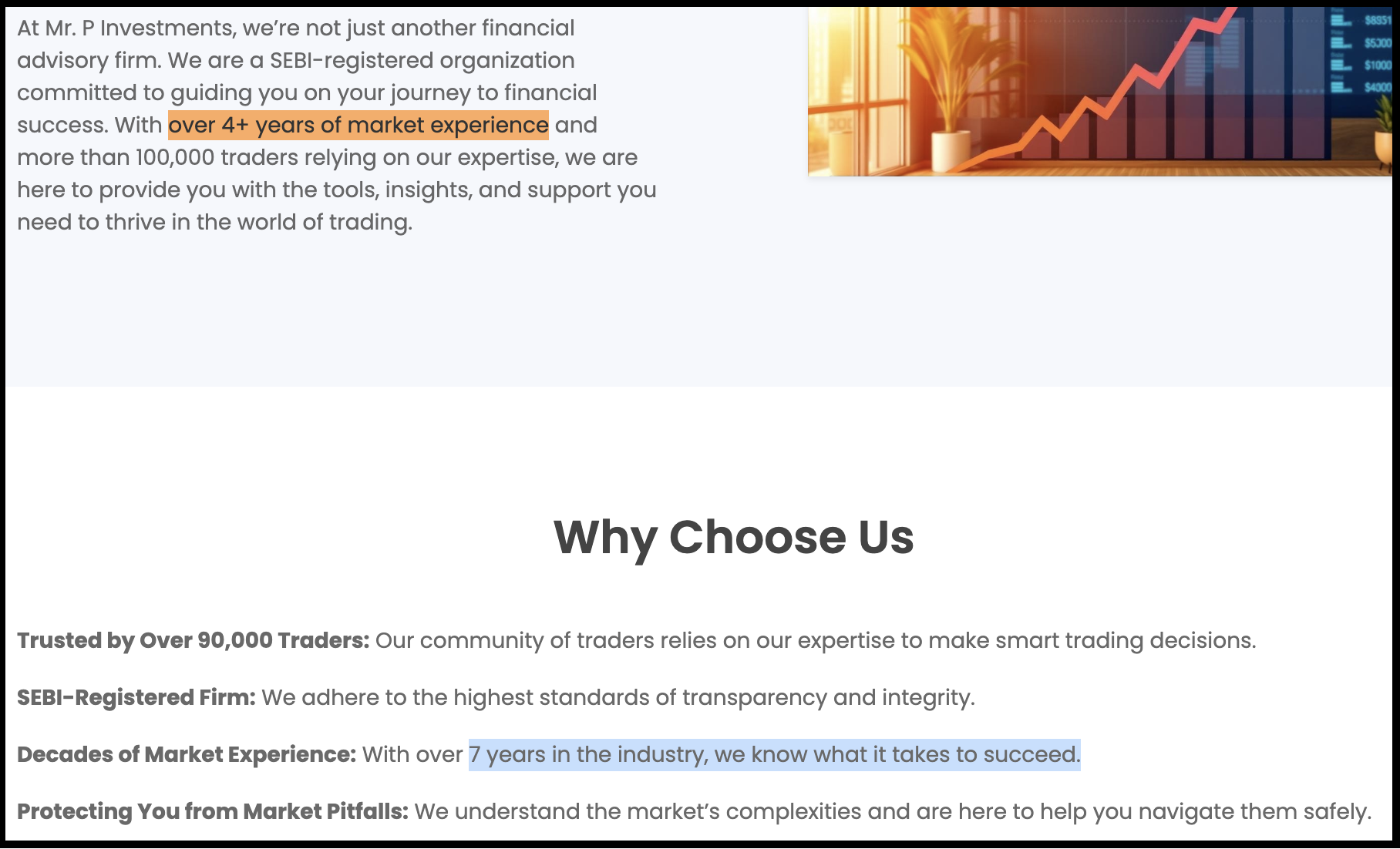 Marketing section on Mr. P Investments website claiming 7 years of experience