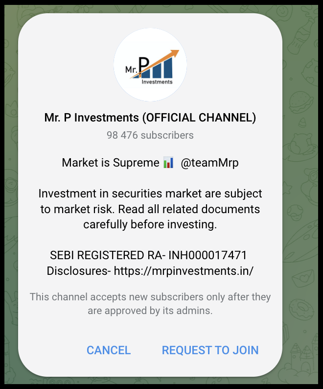 Telegram approval popup for Mr. P Investments official channel showing 98,476 subscribers and SEBI registration INH000017471