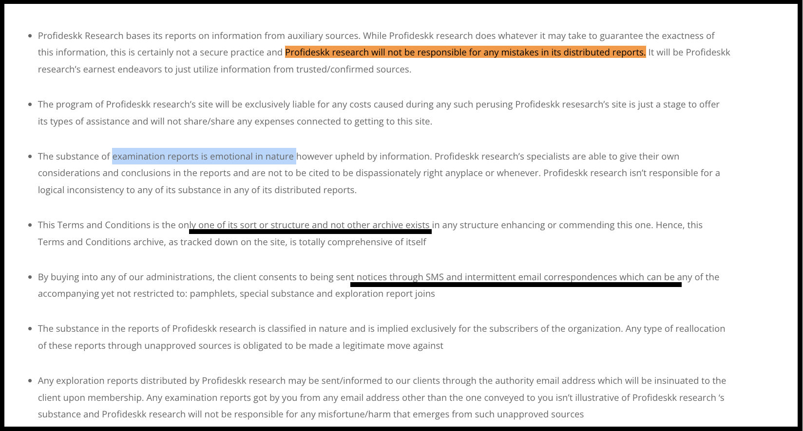 Terms and conditions section from the Profideskk Research website