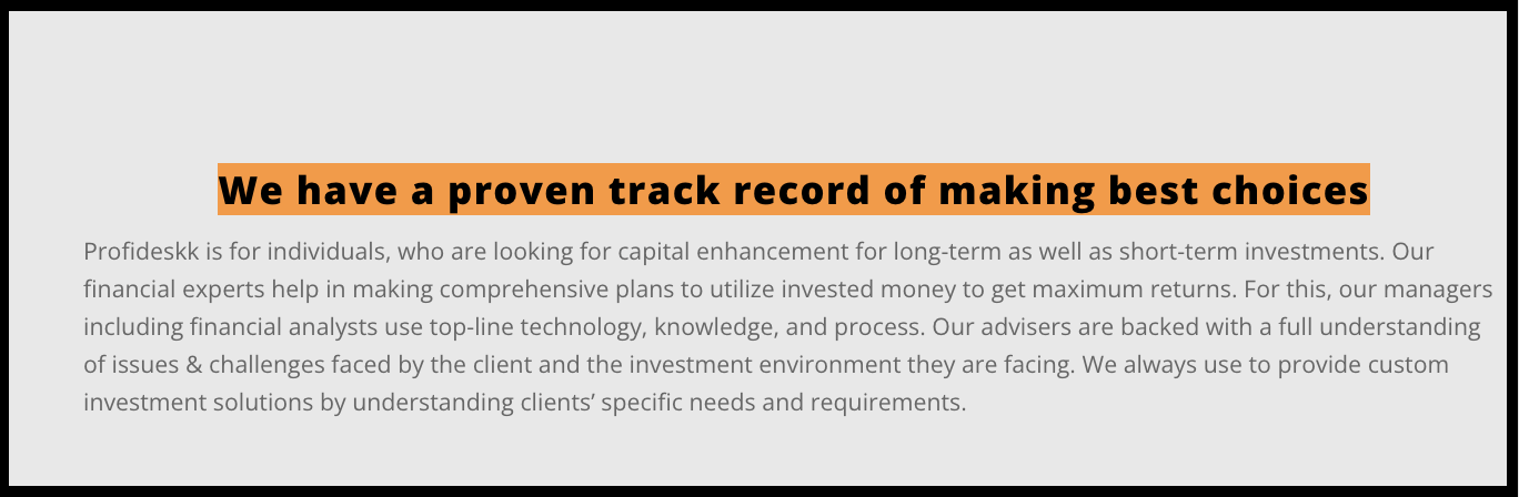 Website excerpt with "a proven track record of making best choices" claim