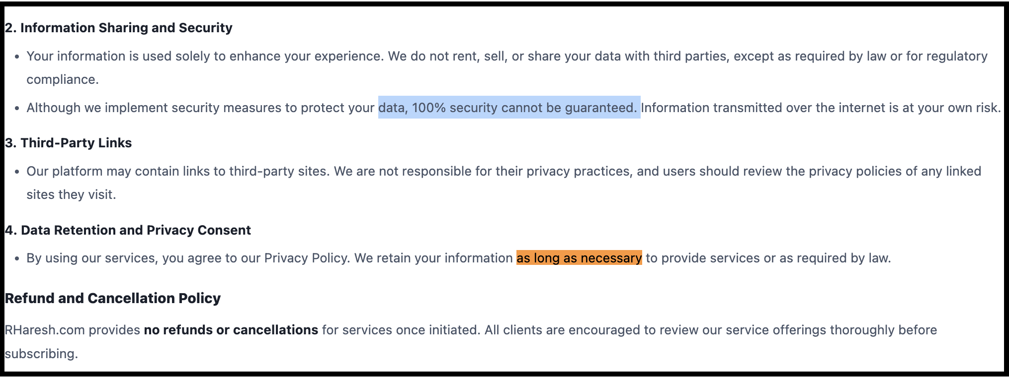 Excerpt of R. Haresh Research Privacy Policy and Refund & Cancellation Policy