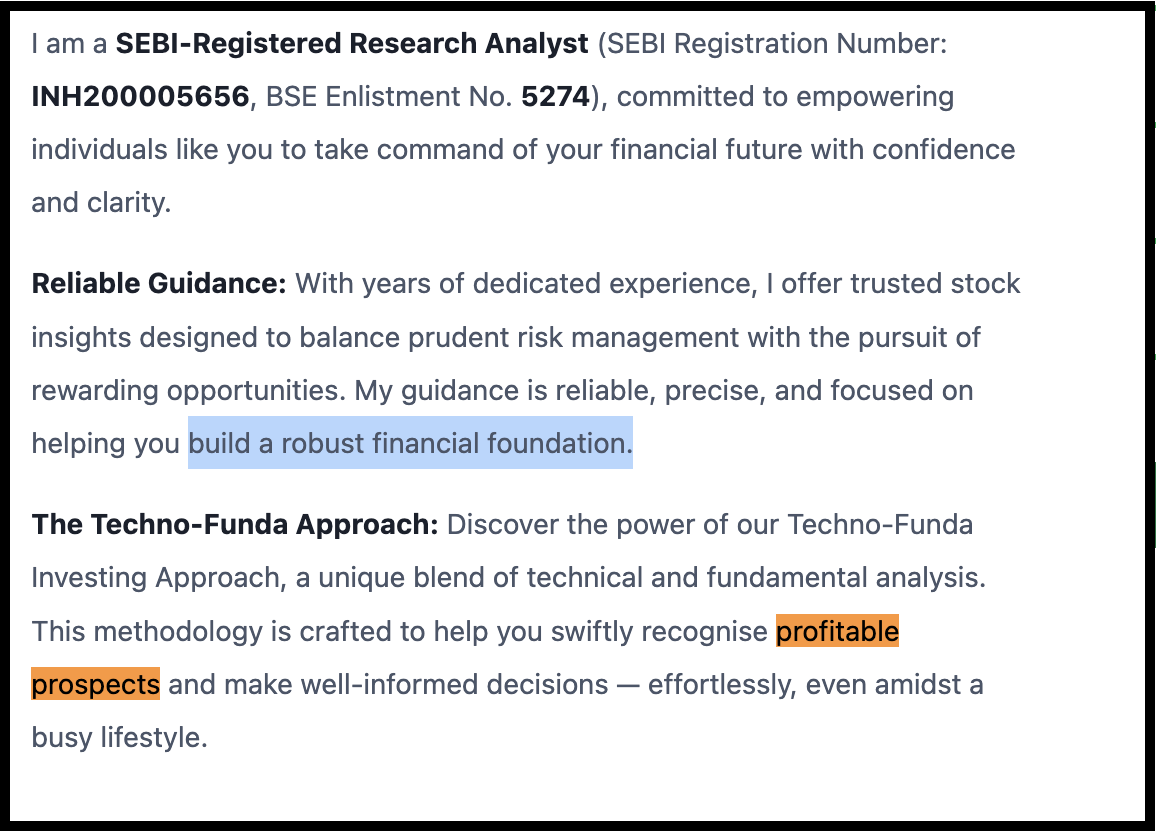 Website text section displaying SEBI Research Analyst registration details and highlighted promotional claims about reliable guidance and profitable prospects.