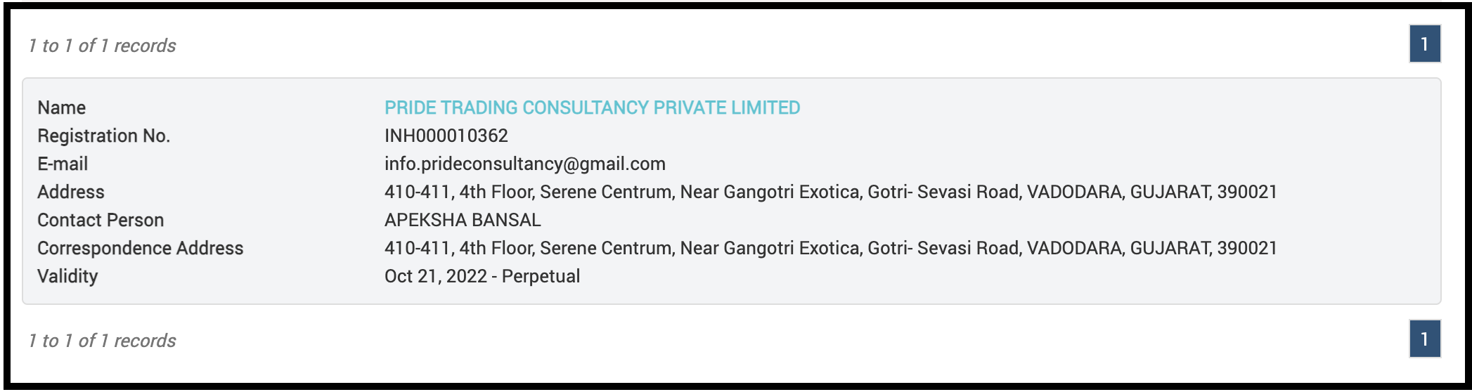 SEBI registration details listing for Pride Trading Consultancy Private Limited