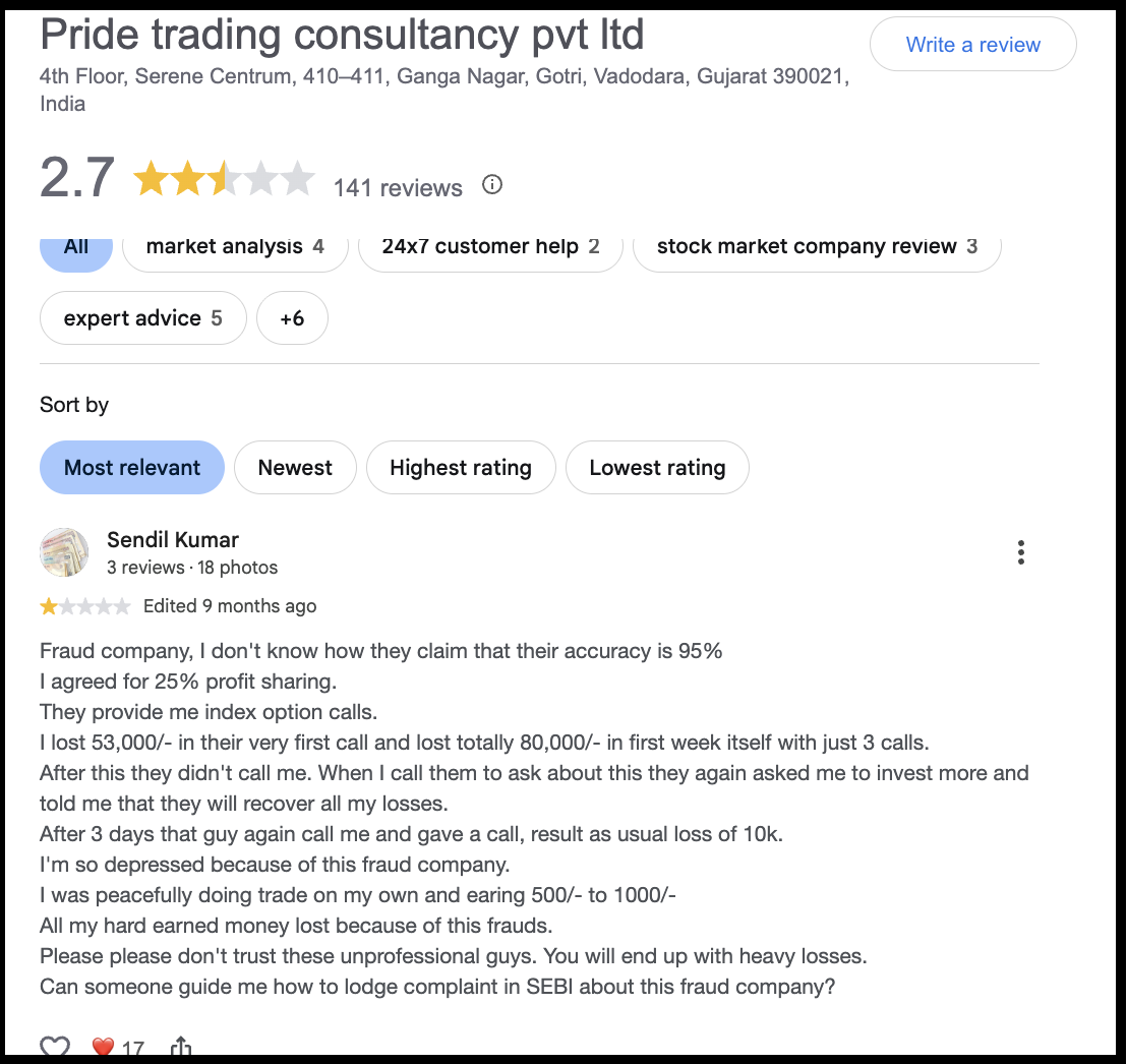Google user review by Sendil Kumar detailing financial losses and profit-sharing calls regarding Pride Trading Consultancy