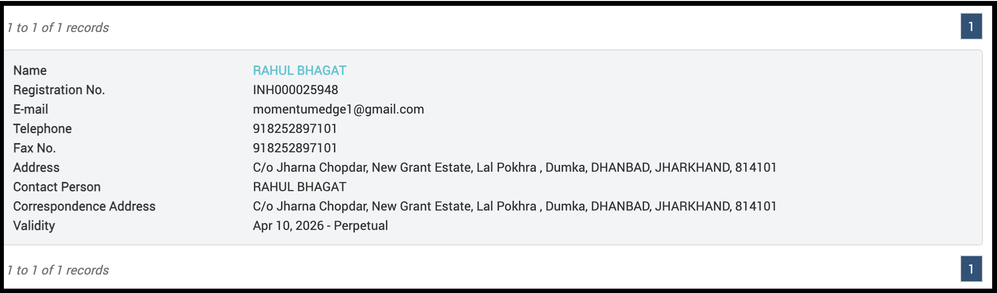 SEBI Research Analyst registration details table for Rahul Bhagat (Momentum Edge)
