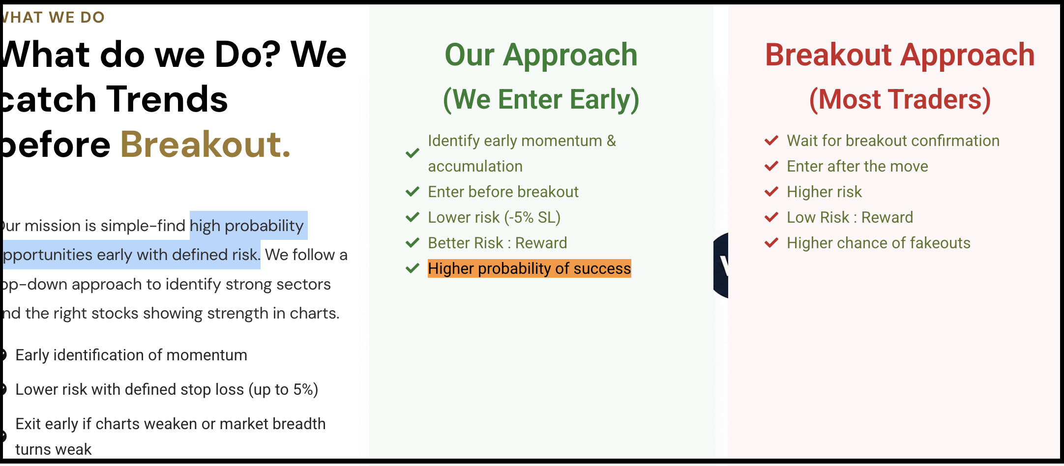 Momentum Edge website section emphasizing higher probability of success