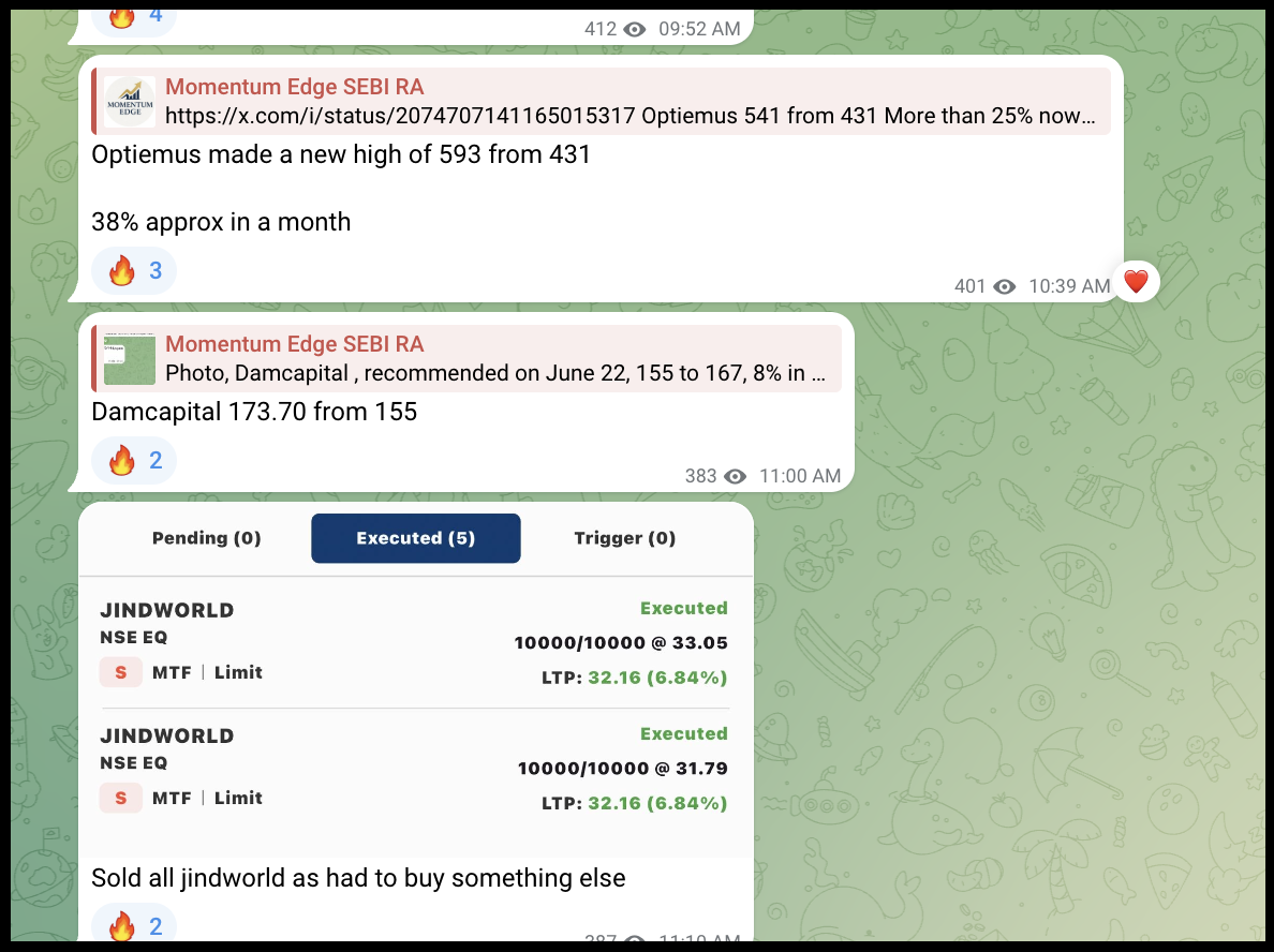 Compilation of promotional trade result posts and stock recommendation alerts from Momentum Edge's Telegram channel.