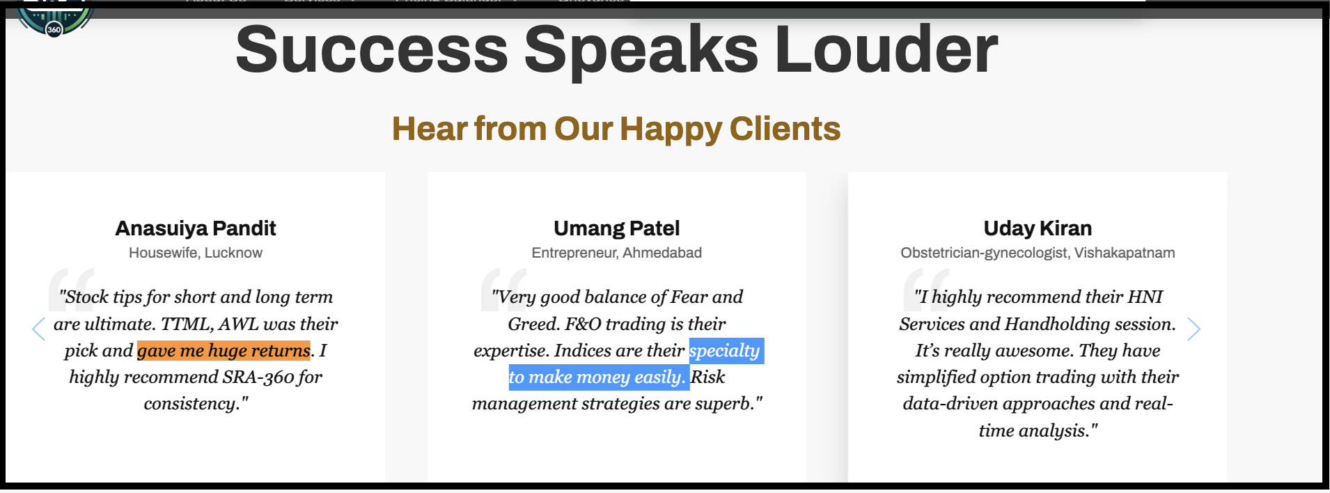 Promotional client testimonials featured on the Stock Research Analytics 360 website