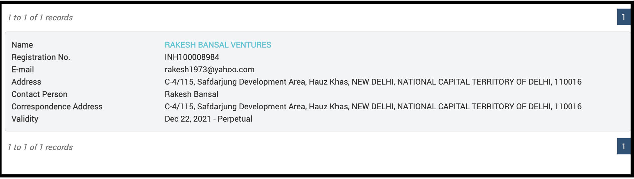 SEBI Research Analyst registration details for Rakesh Bansal Ventures