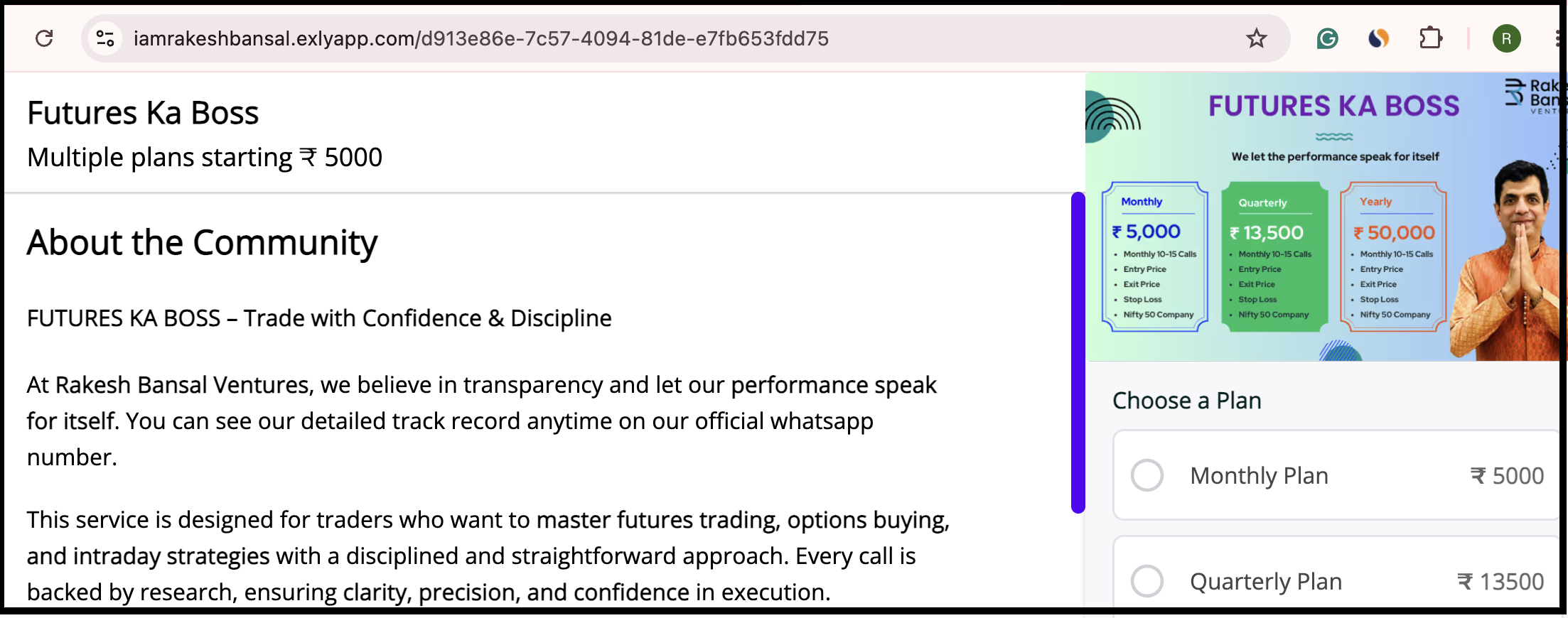 Exly landing page for the Futures Ka Boss subscription plan